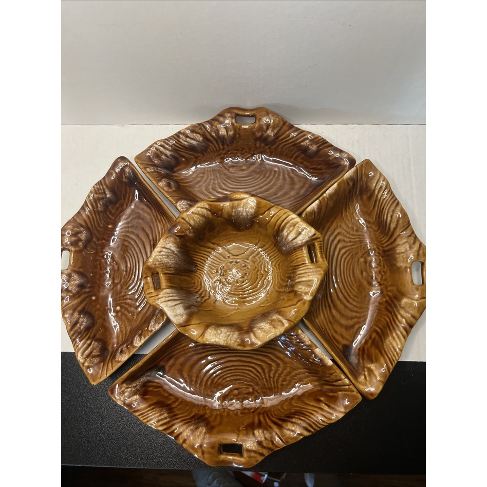 VINTAGE CALIFORNIA POTTERY LAZY SUSAN Faux Wood Grain Brown 6412 USA